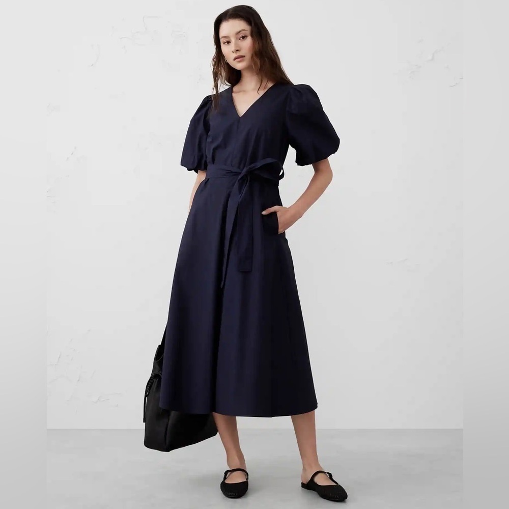 Nwt Banana Republic Preppy Navy Puff-Sleeve Poplin Midi Dress - Multiple